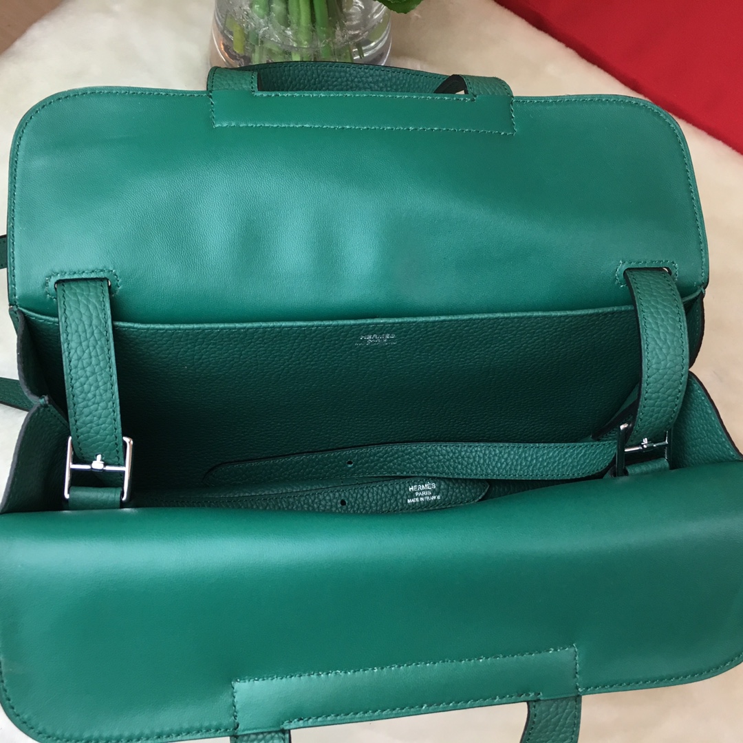 Hermes Halzan 31 Handbag Shoulder Bag In Dark Green Clemence Leather